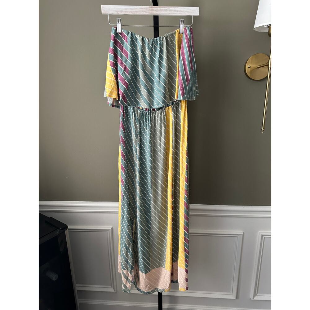 O'Neill Koi Sage Green Multi Striped Strapless Midi Dress Size Small - Picture 2 of 6
